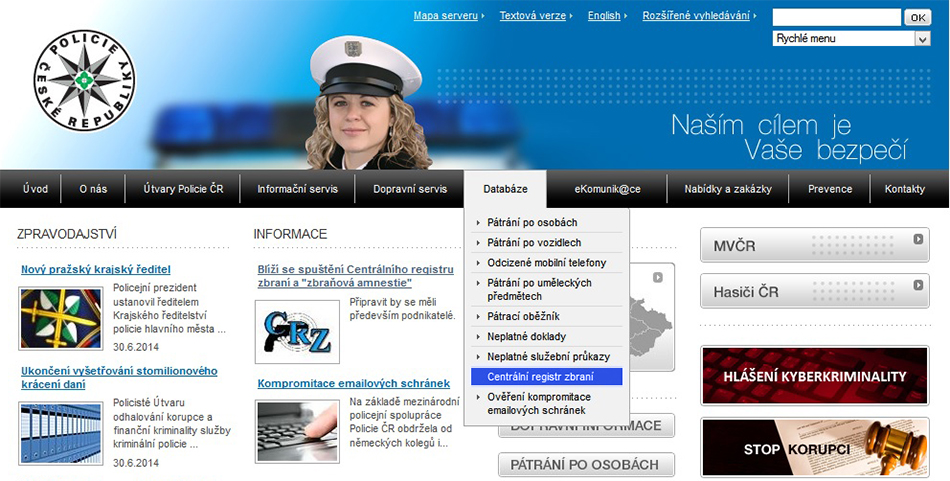 Centrální registr zbraní - navigace