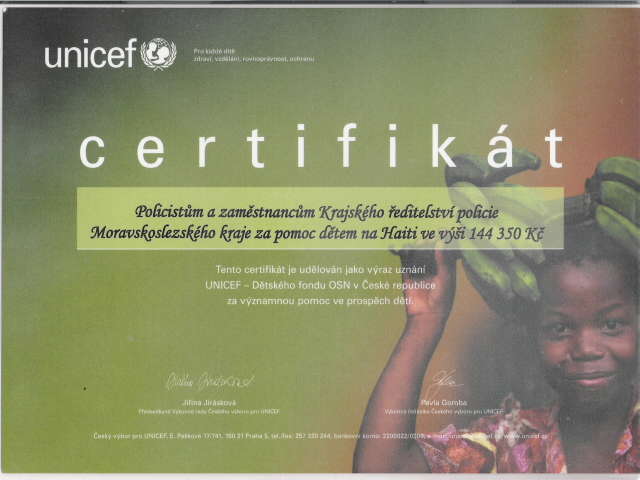 Policista roku 2009 - certifikát UNICEF