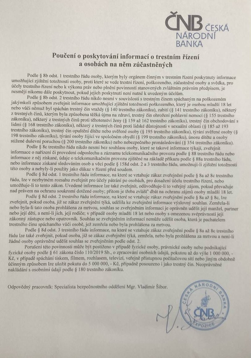 Poučení o poskytování informací o trestním řízení a osobách na něm zúčastněných - ČNB