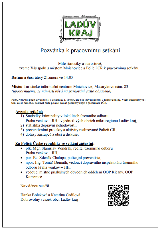 Pozvánka na setkání starostové a PČR