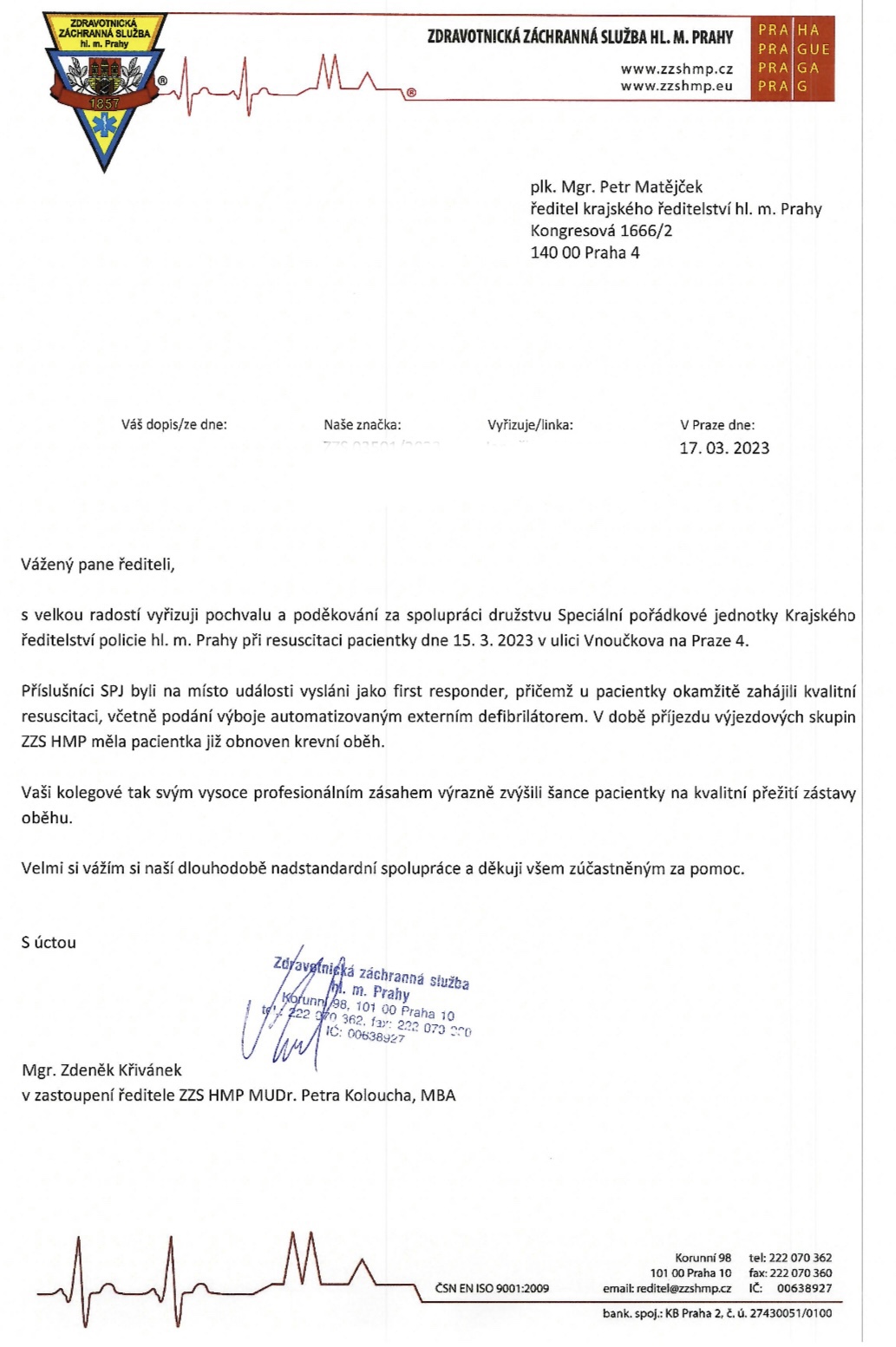 děkovný dopis od ZZS