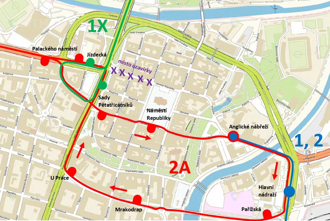 mapa s vedením tramvají