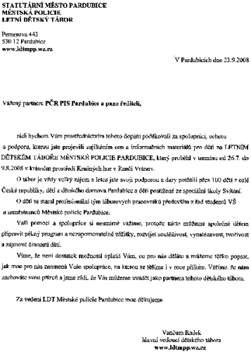 děkovný dopis od MP Pardubice 